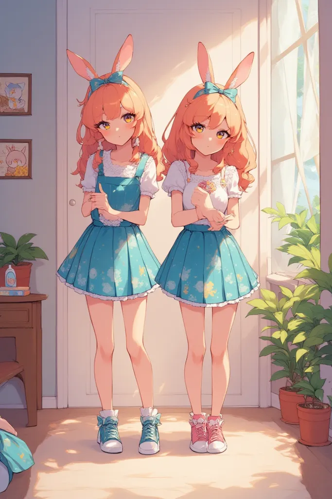 2 sisters, full portrait, anime style, getting ready for school, Easter outfit 