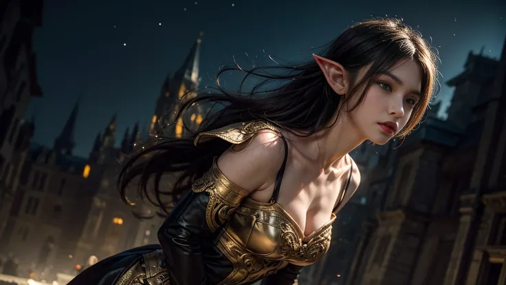  Beautiful portrait of a perfect female elf fighter , Long invisible hair, 完美特征, ( Wearing extremely baroque luxury elf armor ),  Abstract Beauty  , Big breasts ，Almost perfect, Pure Form, dynamic pose,  mysterious background  , (The Dark Side), (Strong ci...