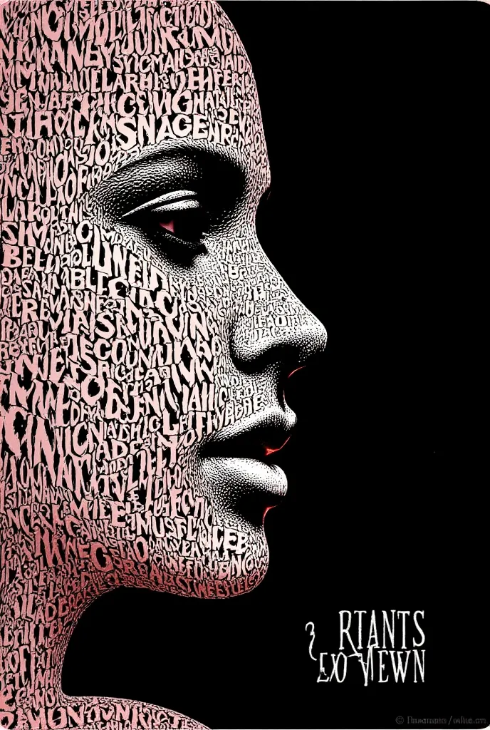 Vintage typography portrait of a female face formed by diverse words in different font styles and sizes, using aged pink, ivory, and black colors. The words flow organically to create facial features with serif fonts defining the eyes, script fonts forming...