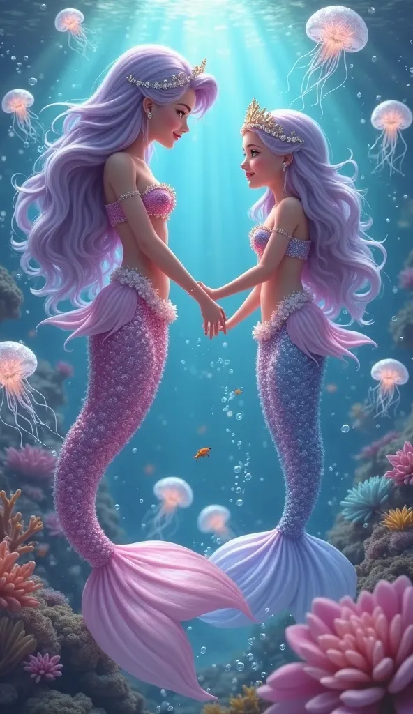 "A young girl of about ten years old, with long, soft, wavy blonde hair, bright blue eyes, a metallic blue mermaid tail with silver tips, a pearl-studded bra, and a magical seashell necklace. Sofia is swimming under the sea, among the colorful coral reefs,...