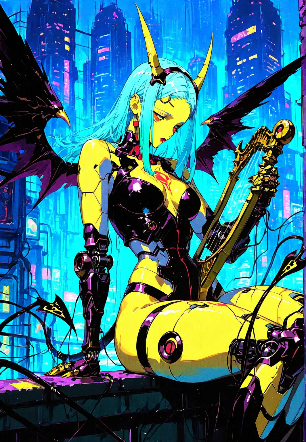  punctuation_9 , punctuation_8_arriba , punctuation_7_arriba , punctuation_6_arriba , punctuation_5_arriba , punctuation_4_Above Demon Girl , yellow skin, Horns ,TAIL, black wings, naked, robotic circuits ,  average breasts , Futuristic devices, large hips...