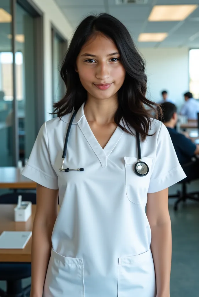 A nurse dressed in white with black hair,realistic full body selfie, Amateur photo inside the office,  without blurring the background ,  medium body,  Inside the room . Middle body upwards 