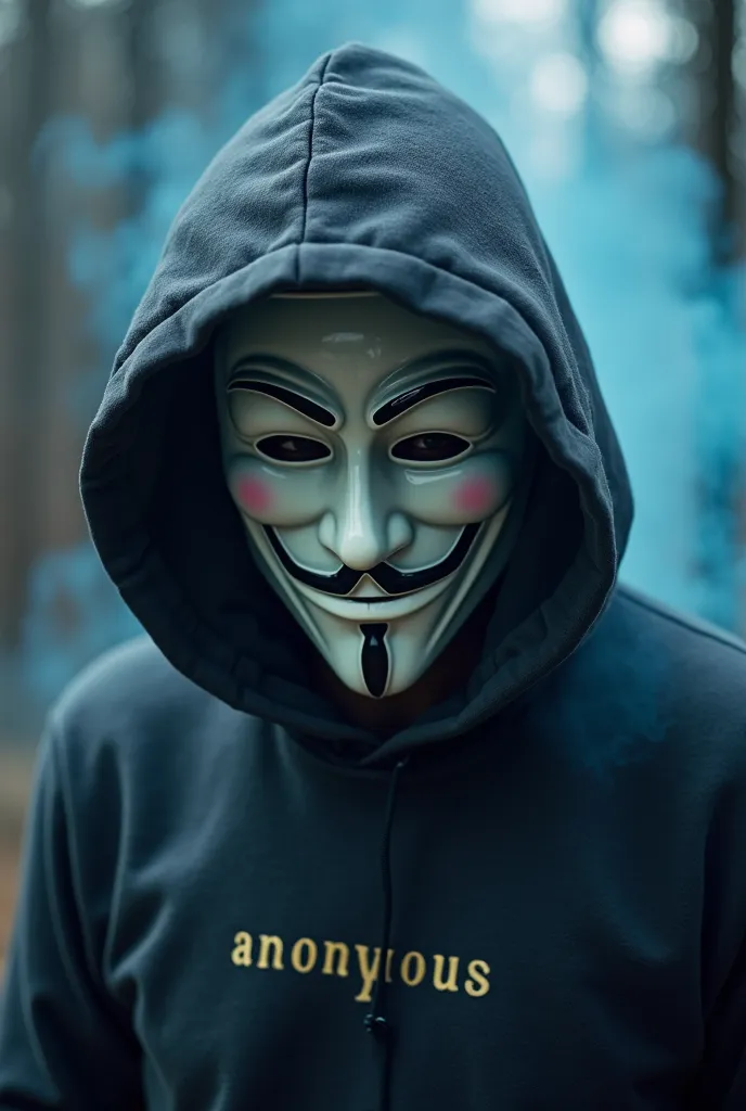 Masque de la Hacker Anonymous, dark gray hood, realistic white mask on the side, tenant un autre masque Or d'Anonymous devant le visage avec des éclair l'entourant et de la fumée bleu en arrière-plan avec écrit 'anonymous' sur sa veste
