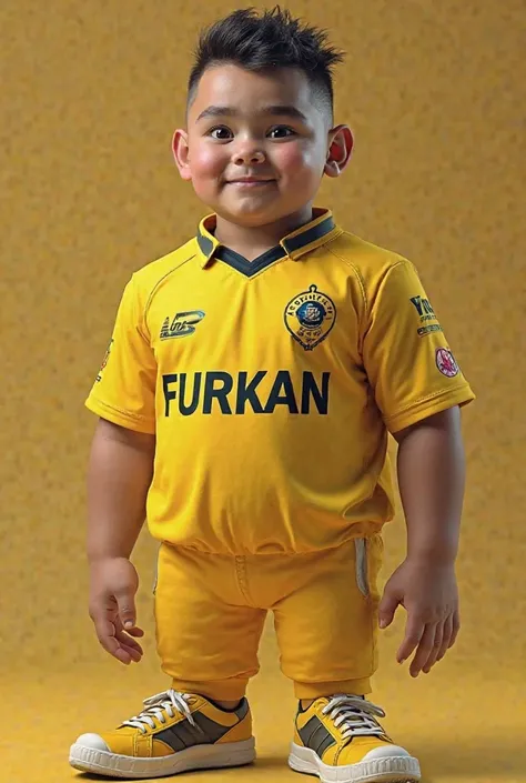 Generate a picture of dwarf yellow cricket jersey and there should be a name written on the jersey and the name is FURKAN , and the picture should be in full size means from head to toe shoe and the image should be of a dwarf Male 