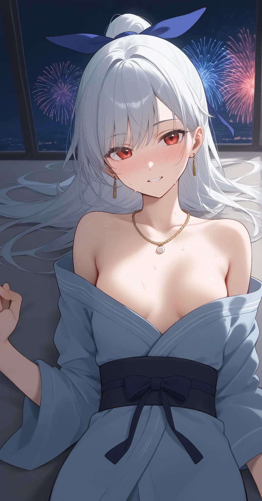 solo, red eyes, blue hairband, hairband,earrings, hairpin,hair bun, single hair bun,sidelocks, hsr jingliu, long hair, white hair, swept bangs, high ponytail,(bangs),jewelry,(looking at viewer), necklace,(yukata),(lying)
BREAK
1 woman, (small breasts), sle...