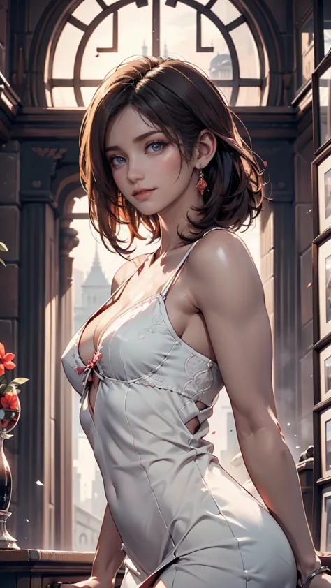 masterpiece, best quality, illustration for both eyes, super detailed, fine detail, high resolution,  8k Wallpaper, perfect dynamic composition, Beautifully detailed eyes,  dress, medium hair, middle of chest, natural color lips that look at a flat line, r...