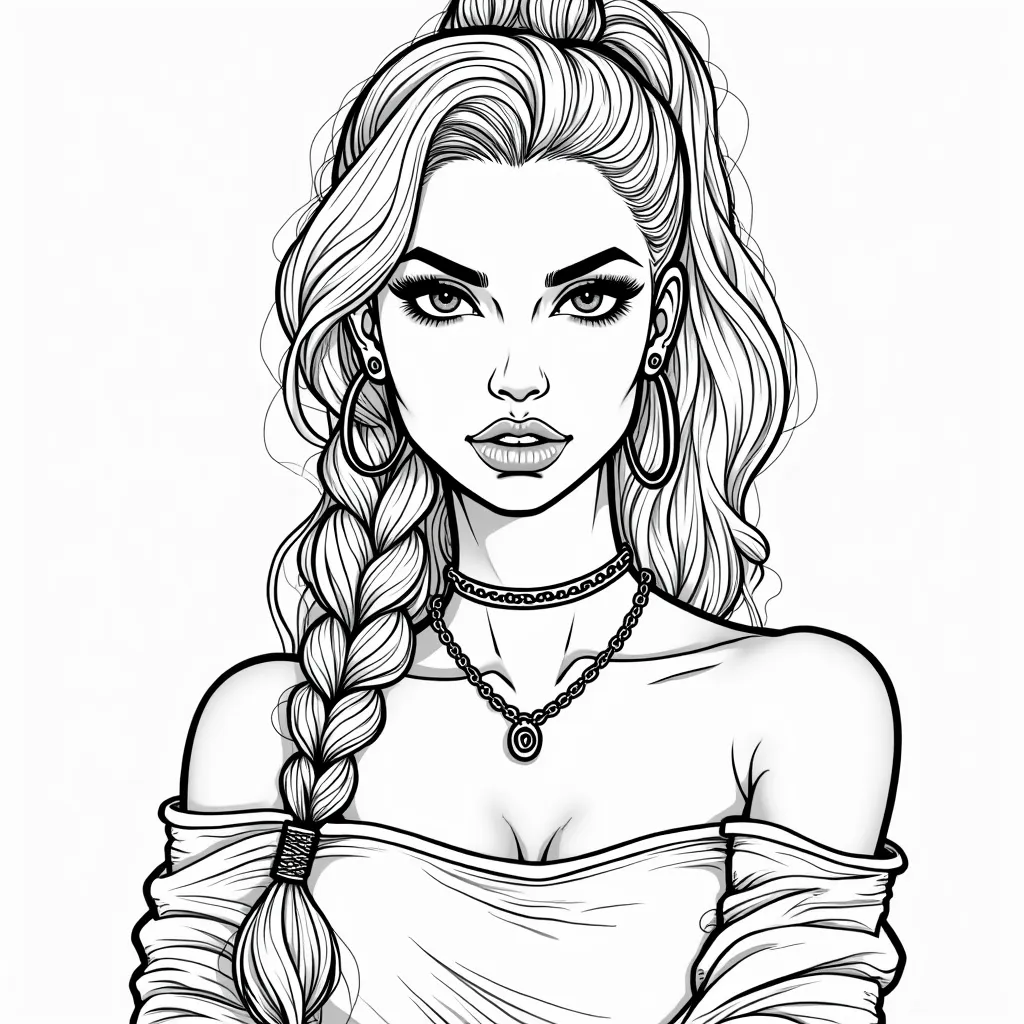 "A beautifully detailed black-and-white line art illustration of a confident, stylish young woman with long, voluminous wavy hair tied up in a high ponytail with braided strands. She has bold, arched eyebrows, striking cat-eye eyeliner, and full lips. Her ...