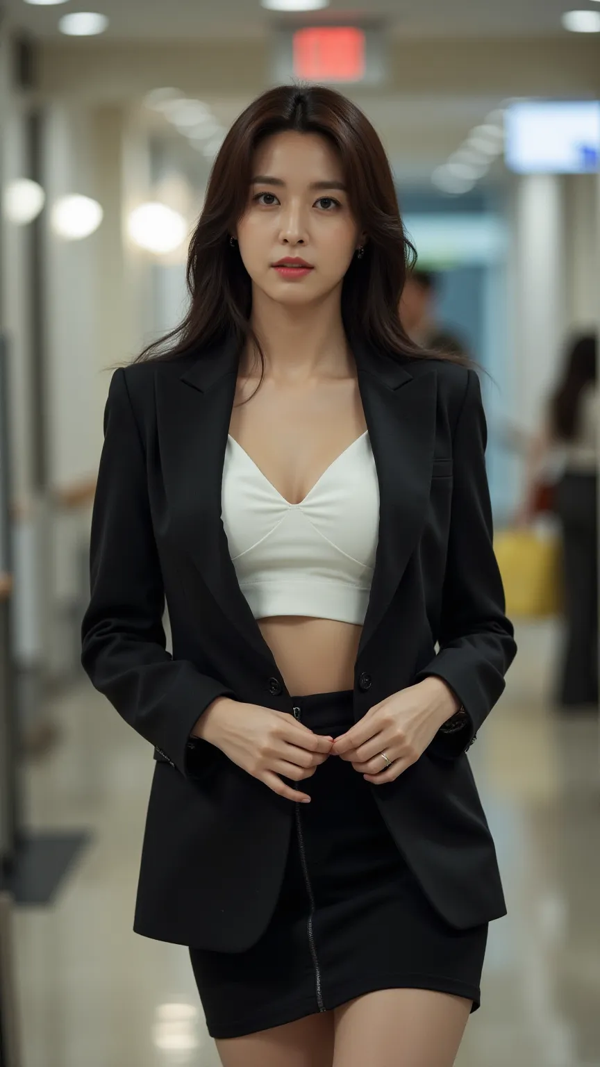 Alone,   nothing ,  masterpiece,  解剖学的に accurate,  accurate,  top quality, woman、CEO、((A jacket with an open front to accentuate cleavage))、((miniskirt)), Big Breasts、4K、The background is medium hair split in the middle of an airliner 、 blur the background...