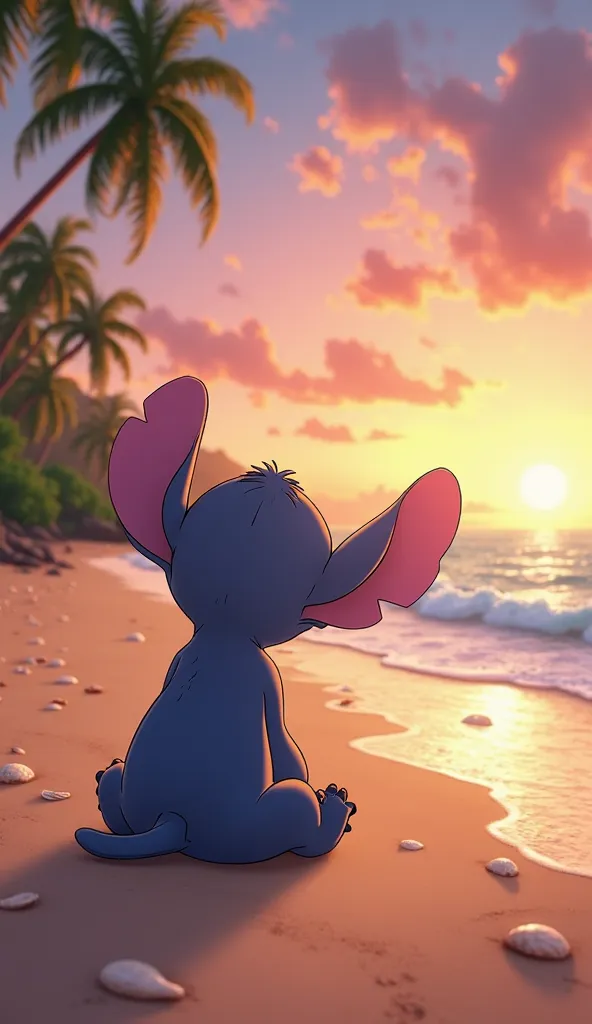 Create a (professional photo) of a serene beach scene with Stitch (the main character from the Lilo & Stitch cartoon) sitting peacefully on a sandy beach. The setting should be peaceful, with the sunset over the ocean, soft waves washing the shore, and a t...