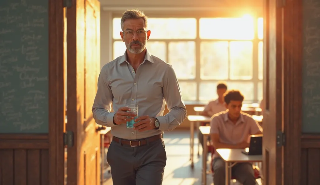 Male teacher entering in a classroom from door  holding a glass of water in his hands