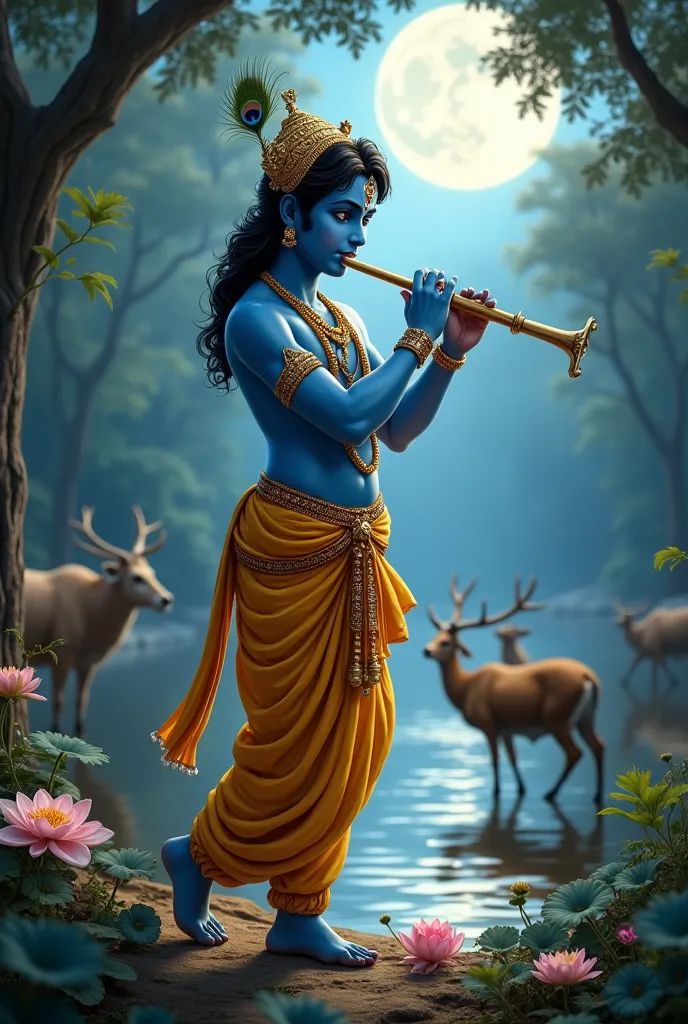 Yes! Here’s a detailed prompt to depict Lord Krishna:

"A divine depiction of Lord Krishna standing gracefully in a lush, moonlit Vrindavan forest. He has a radiant blue complexion, wearing a golden-yellow dhoti and an intricately designed peacock-feather ...