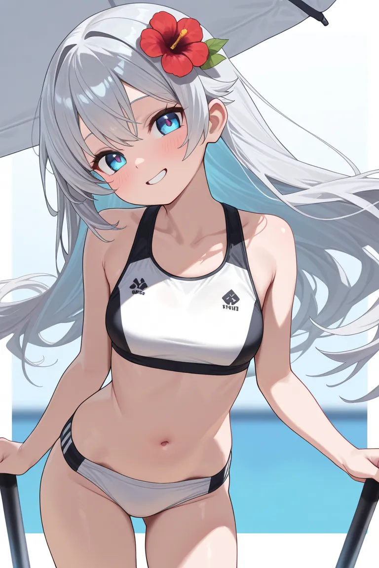 (Best quality, 4k, 8k, high resolution, masterpiece:1.2),1loli girl,Dynamic,cheerful,Ecstatic smile、head tilt,(),(sports bikini),beautiful,cowboy shot, (),(),(glowing silver hair:.1.5),,long hair,slim body、turime,blueeyes, medium breasts ,(),hair flower　ri...