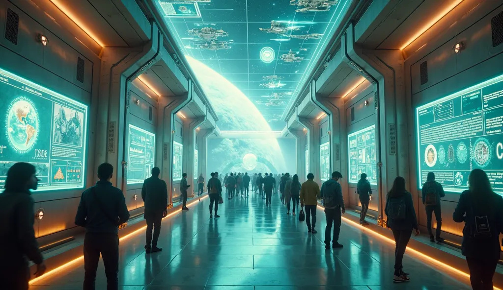 Create a detailed, 8K quality cinematic image rendered in the style of Unreal Engine 5. The scene is set in the reception hall of a sci-fi space station designed for social interaction. The hall features sci-fi metallic walls and columns with ambient LED l...