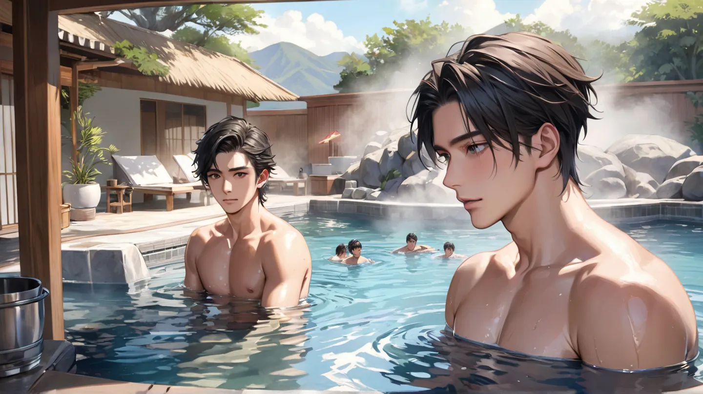 ((photorealism:1.2), 2 very Handsome japanese men, 22-27 year-old, in mexico, hot spring pool, summer season