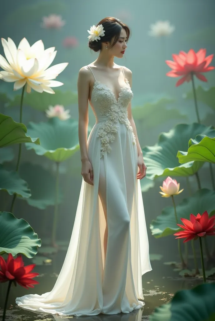 a woman in an elegant, flowing white gown adorned with floral designs. She is standing in a serene environment surrounded by large lotus flowers in various colors, including white and red, along with broad green leaves. The setting resembles a tranquil gar...