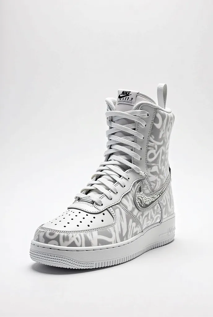 Generate totally white air force one boots with a different fashion design and that have a print of letters WhiteX graffiti silver opaque matte with a white background