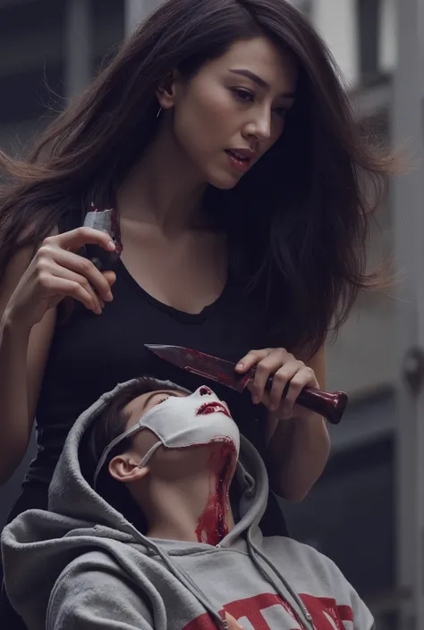 Realistic, A Very beautiful woman, woman very thick hair, boy hoodie, woman kill boy, woman very big breast, woman cuts boy neck, boy neck is flowing with blood, woman knife, boy dead, boy full face mask, woman swat, woman swat equipment