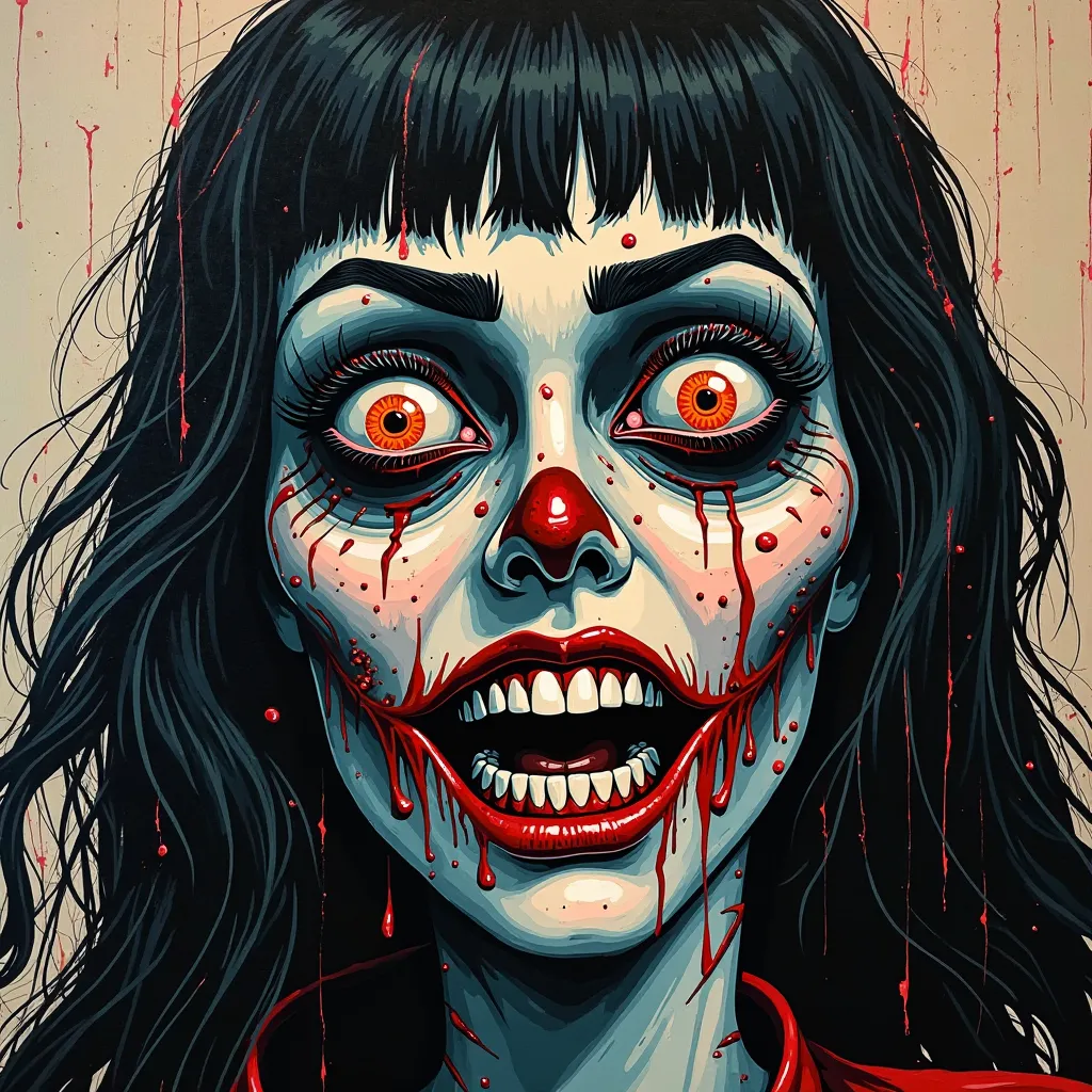 A Zombie Face R in Cubist Art NFT 3D Woodcut Colored Sorceress Bad Nose Big Destroyer Haunted Scenery Lightning with Rain Hair , very long hair, Fringe between the eyes, Teeth, toys, taken, , makeup, panic,  pele negra, Long hair, black hair,  Black Forest...