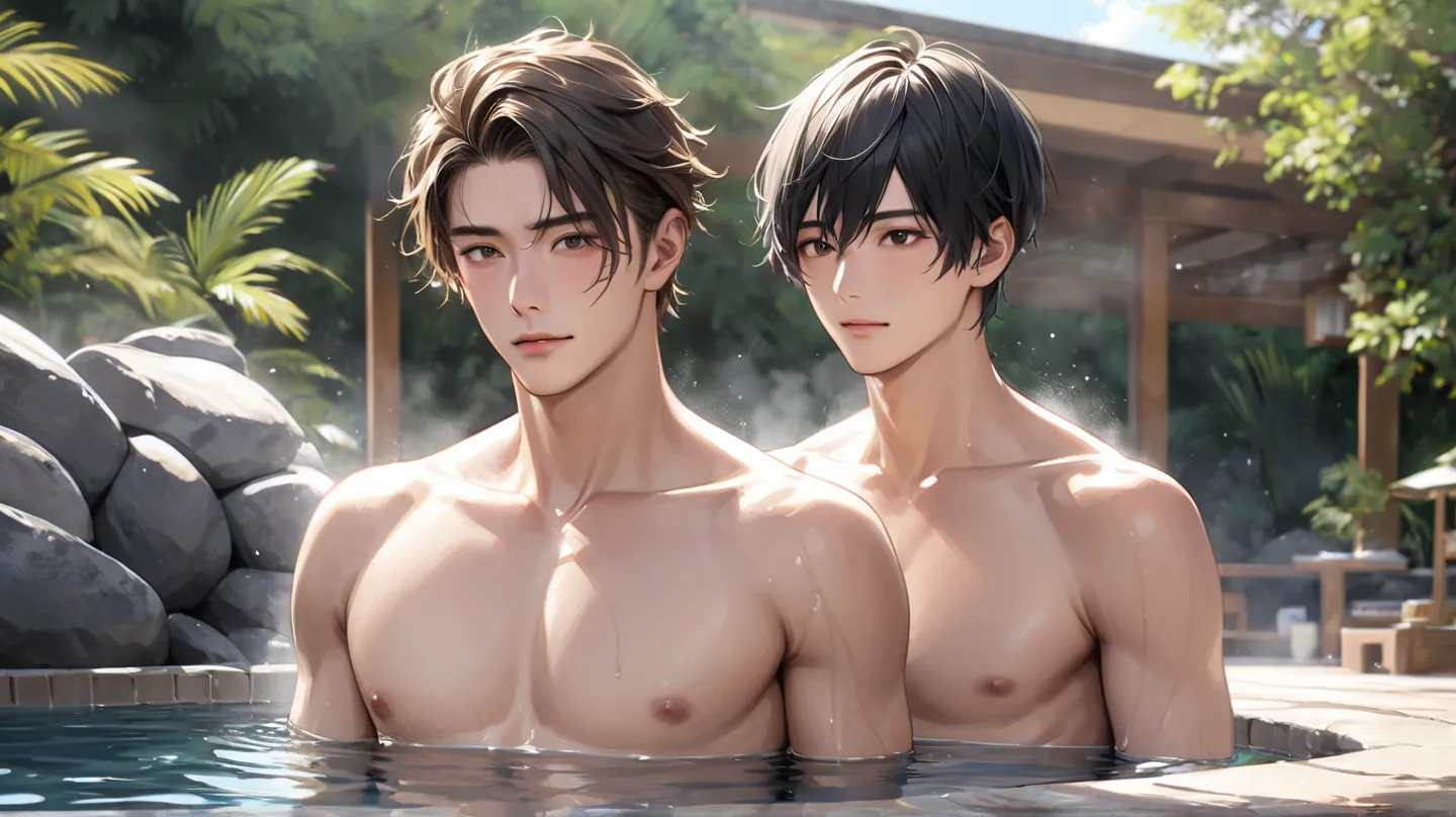 ((photorealism:1.2), 2 very Handsome japanese men, 22-27 year-old, in mexico, hot spring pool, summer season