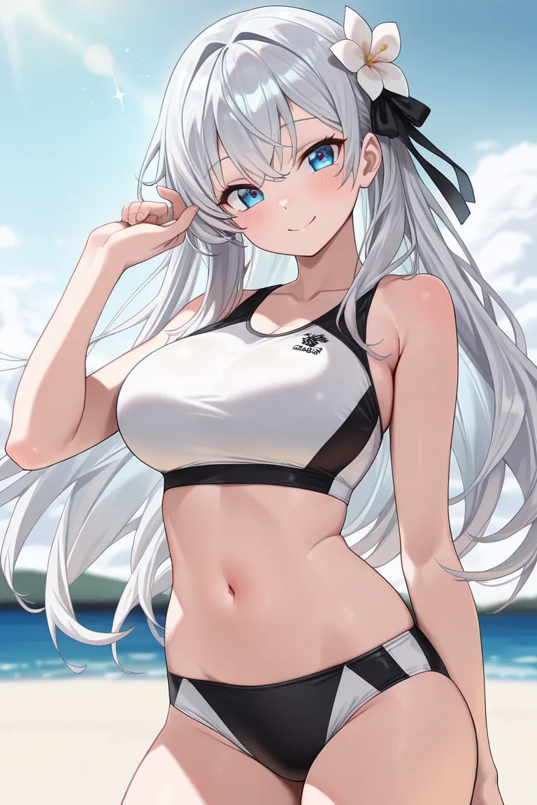 (Best quality, 4k, 8k, high resolution, masterpiece:1.2),1girl,Dynamic,cheerful,happy smile、head tilt,(),(sports bikini),beautiful,cowboy shot, (),(),(glowing silver hair:.1.5),,long hair,slim body、turime,blueeyes, large breasts ,(),hair flower　ribbon,Summ...