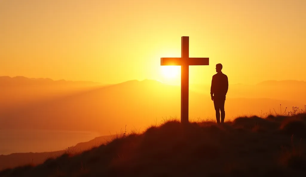 A man standing on a hill at sunrise, looking at a large wooden cross in the distance. His posture is reflective and hopeful. The warm light of the morning sun adds a spiritual feeling to the scene. Realistic, 4K, HDR, --ar 16:9.