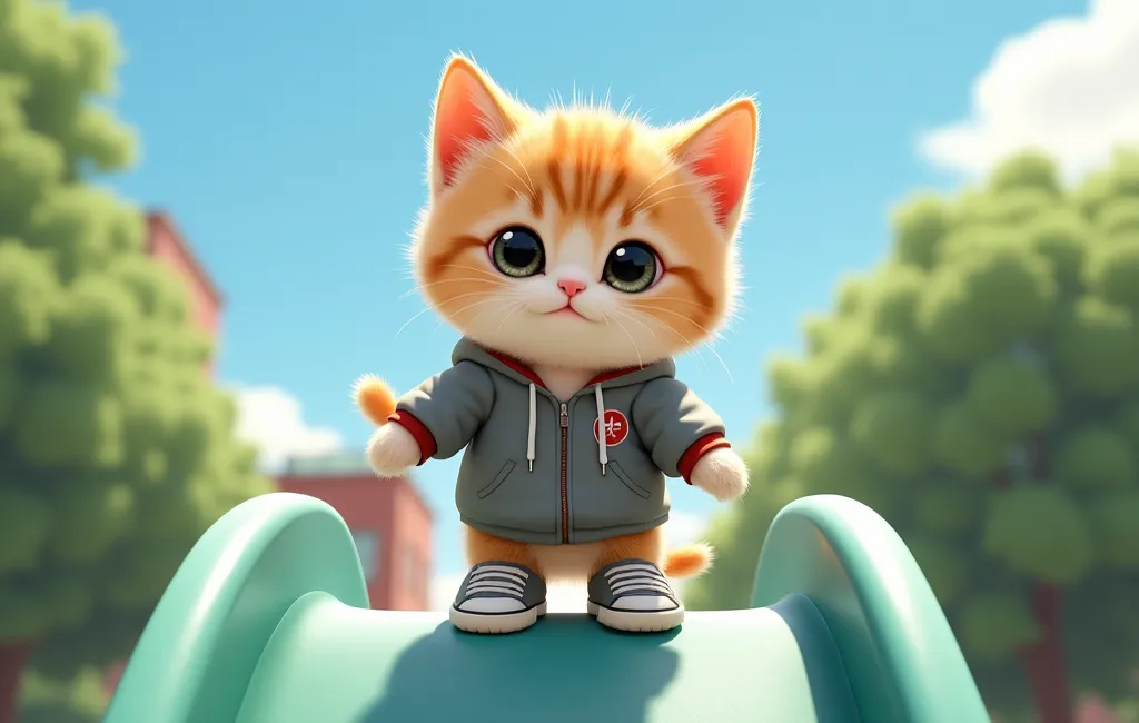  baby cat drawn in size 25 , 1 adorable baby cat ,kitten sliding on the slide kitten,smile,eyes at the top of the slide look like beautiful marbles,Detailed and realistic coat ,Don&#39;t blur the background,wearing a Japanese high school uniform,gray hoodi...