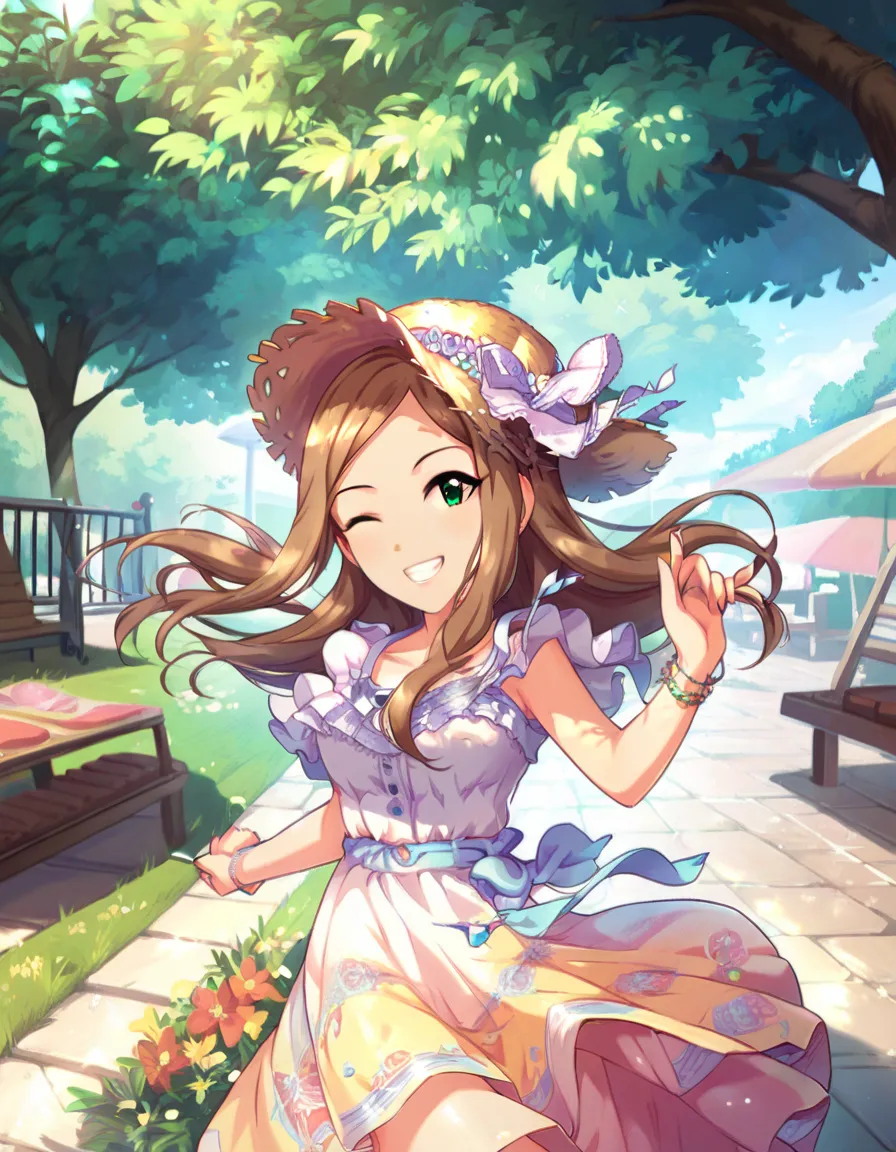 idolmaster cinderella girls,matsuyama kumiko, official hairstyle,brown hair, long hair, green eyes,solo,one eye closed,grin, sundress,straw hat,park,summer