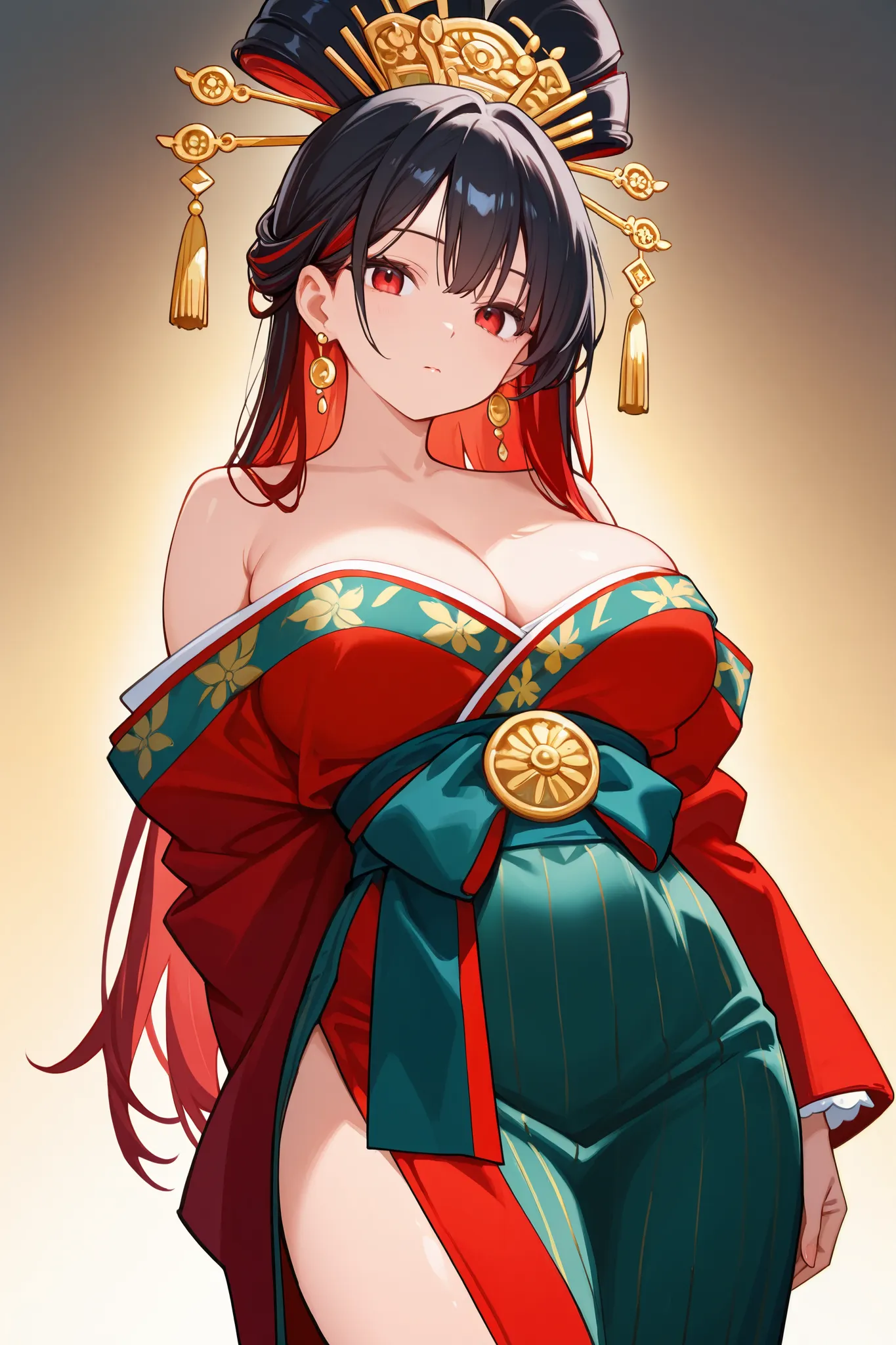 1 girl, Hair length reaches the back, Black hair with some red hair on the edges., red eyes, but not bright, curvy body, wear a sexy Oiran outfit, หน้าอกไซส์ปานกลาง, have a golden earrings