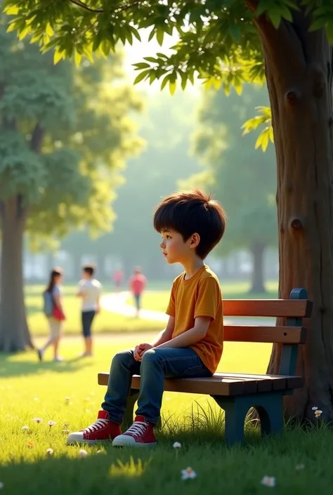 A boy on the bench in park