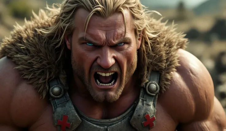 Close-up of his face. (((He Man has an extremely angry and hateful face: 1.8))) (((He Man has blood, sweat and dirt on his face: 1.8))). He Man is a hyper-realistic warrior with a sculpted physique, played by Alexander Skarsgård. He Man is broad-shouldered...