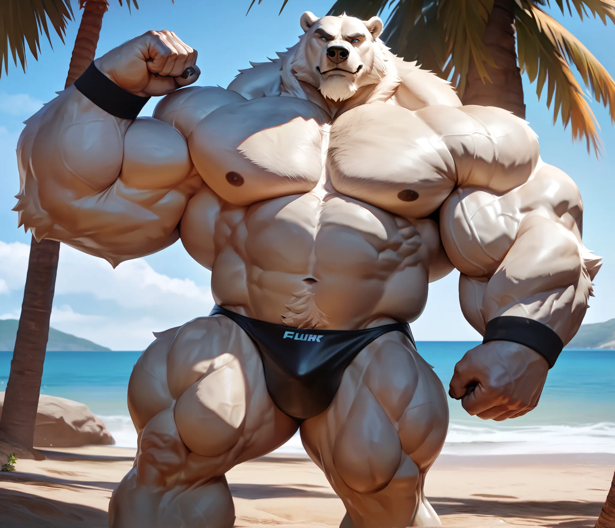 huge muscular polar bear in beach, big hulking flex, grunting smirk, polar bear, huge white fur, thick arm, huge arm, added thigk colored gray mustache, added thick colored grey beard. Short white hair, (veiny muscular, pectoral, wide pectoral, thick arms)...