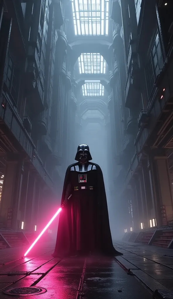  Fantastic　realistic footage　Star Wars　The dark interior passageway of a giant spaceship　Tall Darth Vader dressed in black with a pink lightsaber　