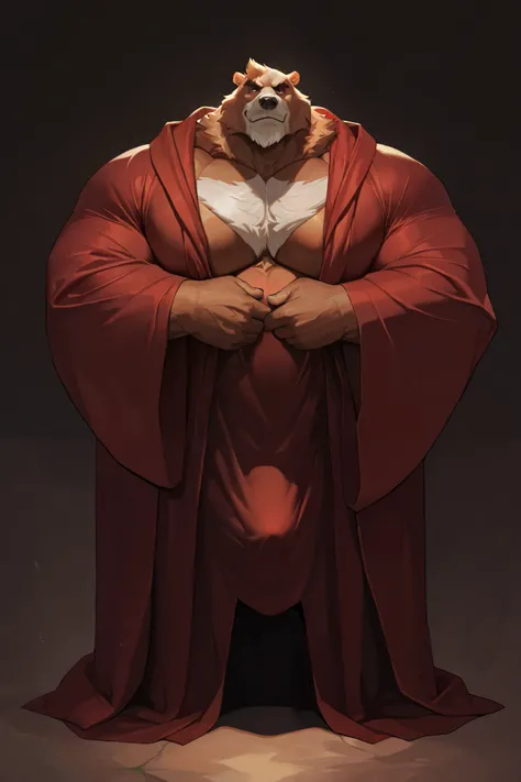 full-body: obese muscular Kodiak Bear, very huge gut, detailed pleased expression, old face, detailed eyes, toga; wide shoulder, thick arms, wide pectoral, muscle, messy silver/brown fur:1.2, detailed eyes, focus eyes, cock bulging under robes; masterpiece...