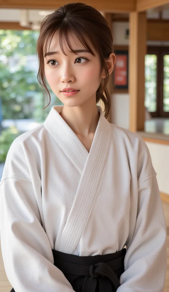 high quality aikido scene,young woman,aikido practice,Martial arts poses,white aikido uniform,Black Hakama, dojo background,4K High Resolution,realistic,professional,Vivid Colors, bokeh effects ,natural light,clean atmosphere