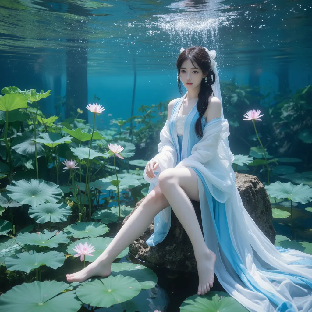 There is a blue dress, 16 long legs,   woman sitting on a rock underwater, Standing gracefully on a lotus flower, Heavenly Beauty, Unvolume ,  court , Girl in Hanfu, Unvolume , Summer is full of fairies, In the pond, white Hanfu, beautiful young and gracef...