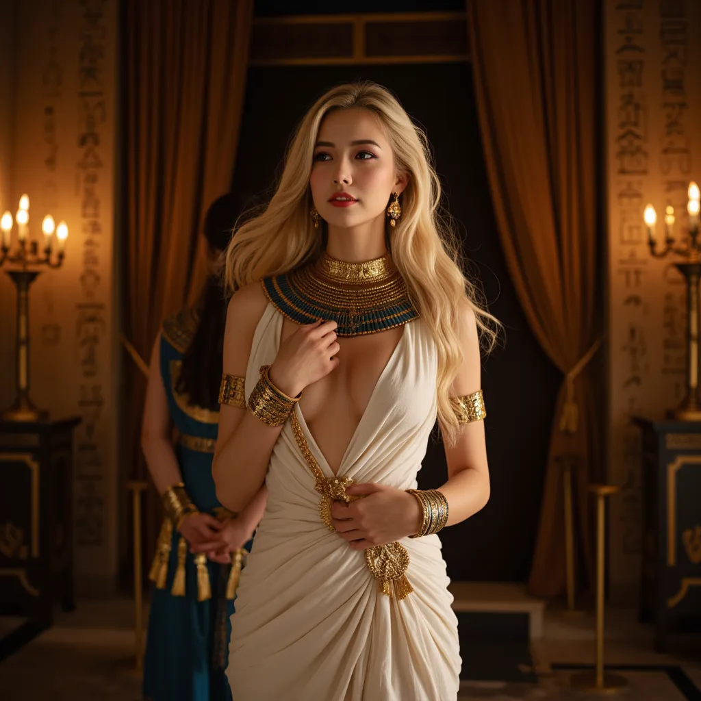  in the style of pharaohs and ancient egypt: full shot, realistic photography photo of a pharaoh woman with long, wavy blond hair and flawless skin, makeup, red lipstick, small smile, slender body, ultra detailed face, looking at viewer, blush, depth of fi...