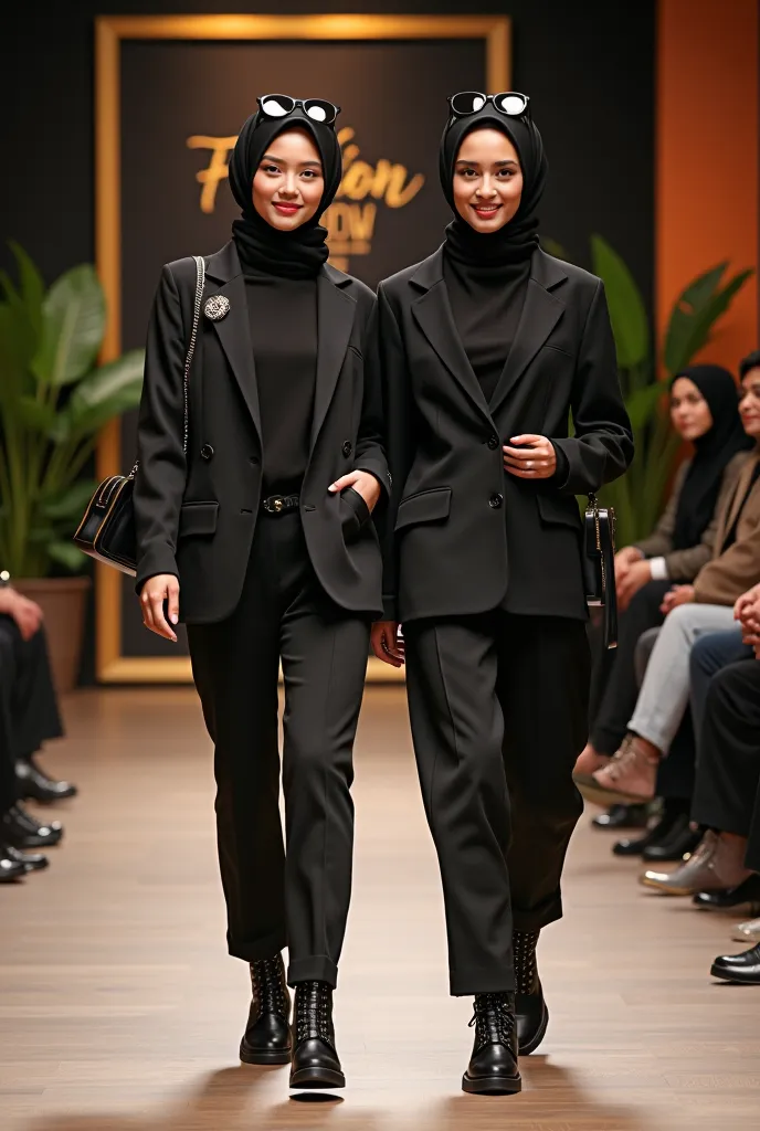 two beauty hijab ideal woman, suglasses on head, looking at camera, wearing a feminist jacket by brooch stuck in jacket and long trousers pocket, boots, small bag, they both is walking on the stage of fashion show, flashlight on the stage, teeth smile, gra...