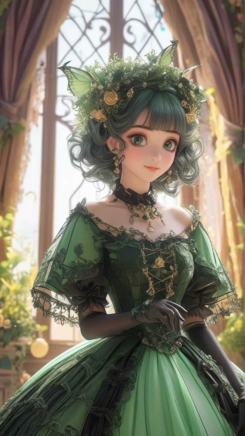   Beautiful woman in transparent green gothic lolita dress、lots of beautiful mimosas that are very long, thin base  ,lots of beautiful mimosas  , soul,  fairy tale, soul、soul,   colorful  ,  gold,  cinematic pastel lighting  , 8k,   Bage design    、accurat...