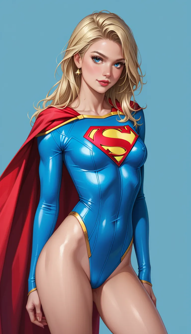 ((best quality, master part, absurdities)), ultra-realistic, (Supergirl: 1.5), Kara Zor-el, supergirl uniform, blue leotard, blue bodysuit, red cape, 20 years old, blonde, skinny girl, blue eyes, small breasts, slender legs, gap between thighs, frontal, co...