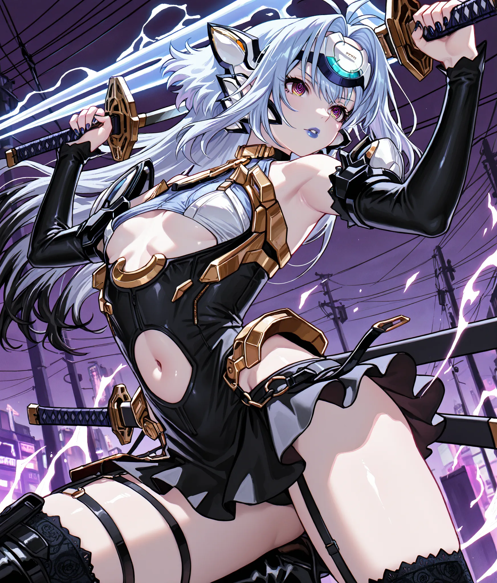 power lines , spark,Anatomy, perfect anatomy, navel, small chest, petite, smooth skin, shiny skin, shiny, ,cyberpunk_sword, (sword, katana, weapon, holding_sword,holding_weapon, sheath), silver hair, blue lips, ringed eyes, purple eyes, green eyes, multico...