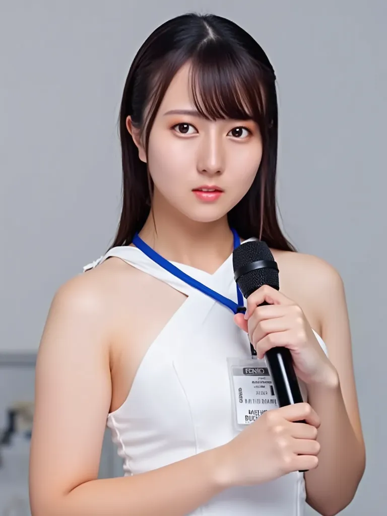 (masterpiece, best quality:1.2), 1 Female, Alone, , caster, white tight uniform slim cutting dress, holding a microphone {x} doing a live broadcast in front of the camera, crowd metal factory, full body photo, clear background view, red hot metal