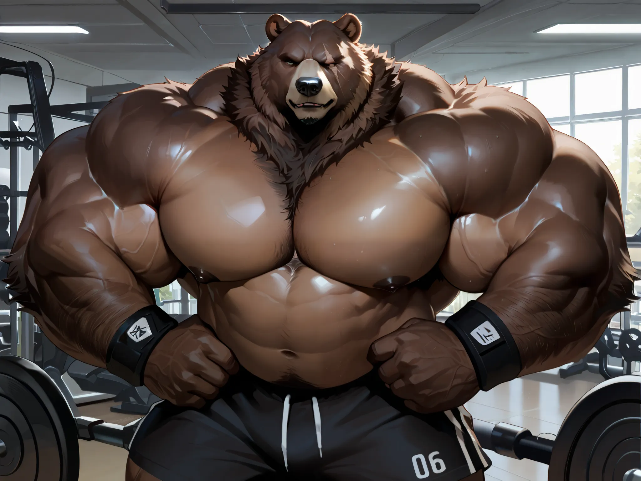 solo, massive muscular, ben bigger, Bear Boy, Scar on Eye, Ben Bigger, shirtless, very huge pectoral, shorts, gym, detailed face, wide shoulder, thick arms, wide pectoral, muscle, cable crossover machine workout, pulleys, shredding, short hair:1.2, masterp...