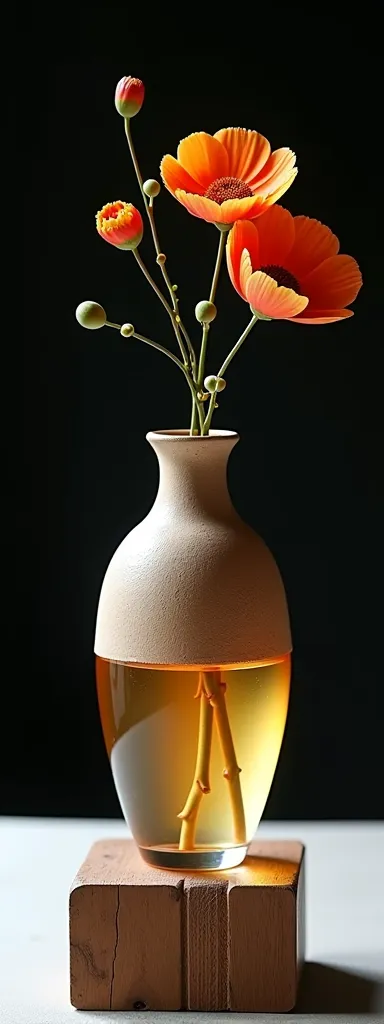 Perfect separation and bonding of pottery and transparent glass materials,  scattered joints , A vase that integrates pottery and clear glass using the technique of kinseki., Just one,  simple pottery and colorful glass "Wabi-sabi"{{x}} Aesthetics, Single ...