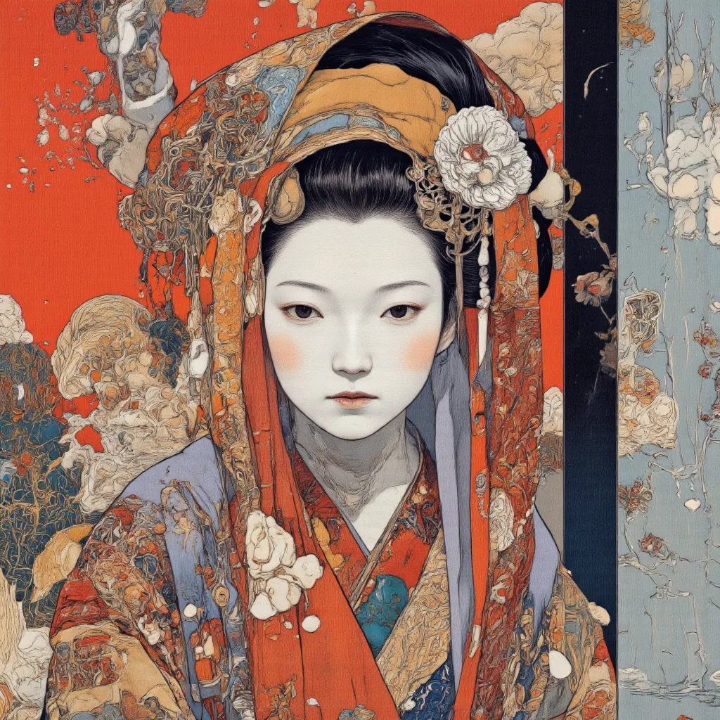 By Matsumoto Taiyo. closeup shot, headshot, High quality design aesthetic, disco, funk, synthpop, detailed, colorful, melancholic, pop album cover, young geisha, kimono.