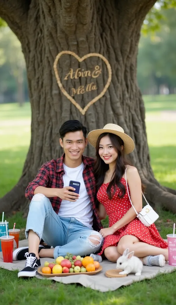 A portrait of a young Asian man with neatly combed short hair, wearing a casual checkered flannel shirt paired with a white T-shirt featuring abstract graphics. He is dressed in light blue ripped jeans and black-and-white sneakers. The man is sitting relax...