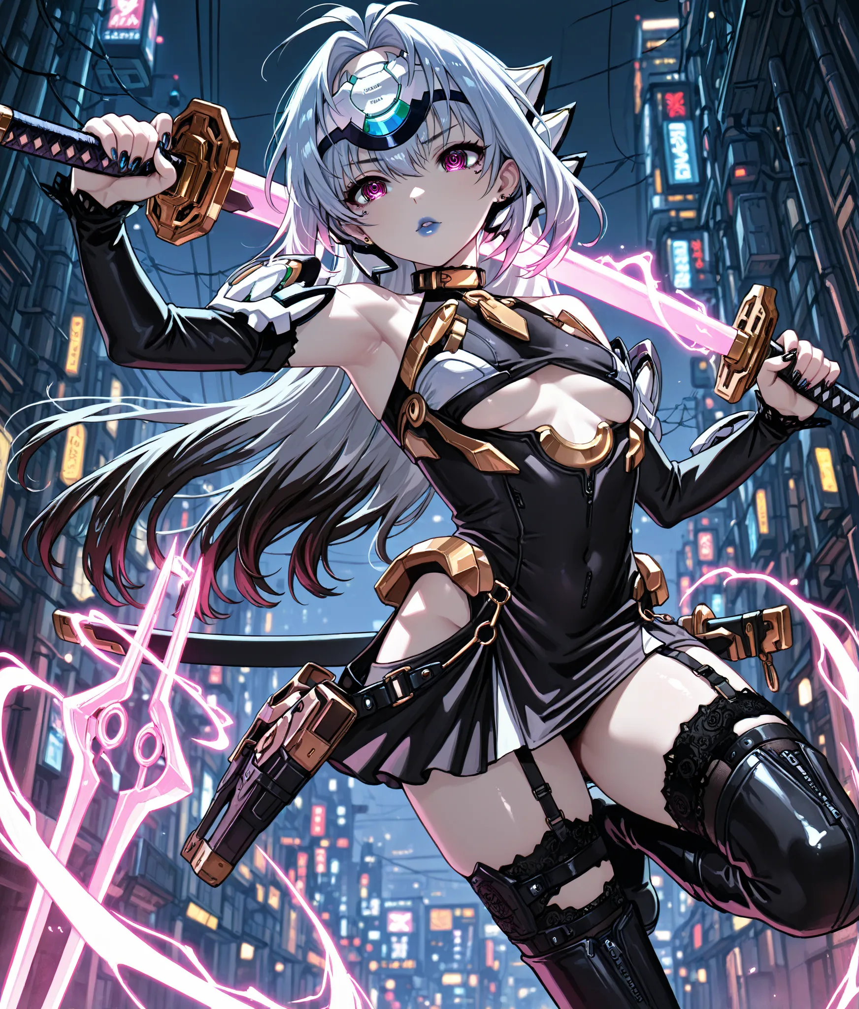 power lines , spark,Anatomy, perfect anatomy, navel, small chest, petite, smooth skin, shiny skin, shiny, ,cyberpunk_sword, (sword, katana, weapon, holding_sword,holding_weapon, sheath), silver hair, blue lips, ringed eyes, purple eyes, green eyes, multico...