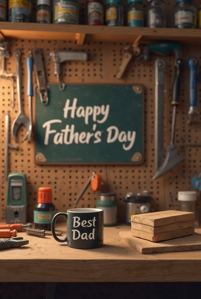 Design a realistic 4K image of a well-organized workshop with tools hanging on a pegboard, a workbench holding a half-finished wooden project, and a coffee mug with 'Best Dad' written on it. The words 'Happy Father’s Day' should be painted on a wooden plan...