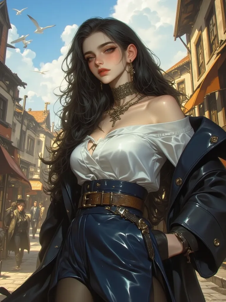 A stunning young woman stands in a bustling port town, the ocean breeze gently moving her long, silky black hair that cascades down her back in soft waves. Her piercing blue eyes are sharp and mysterious, framed by long lashes and perfectly arched brows. S...