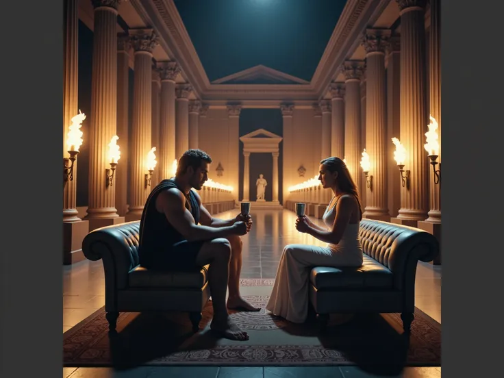 A realistic nighttime scene in the hall of an ancient Greek palace, illuminated with torches. In the center, Hercules is sitting on a divan conversing with Queen Hippolyta. They are both holding silver goblets. The image is high definition and ultrarealist...
