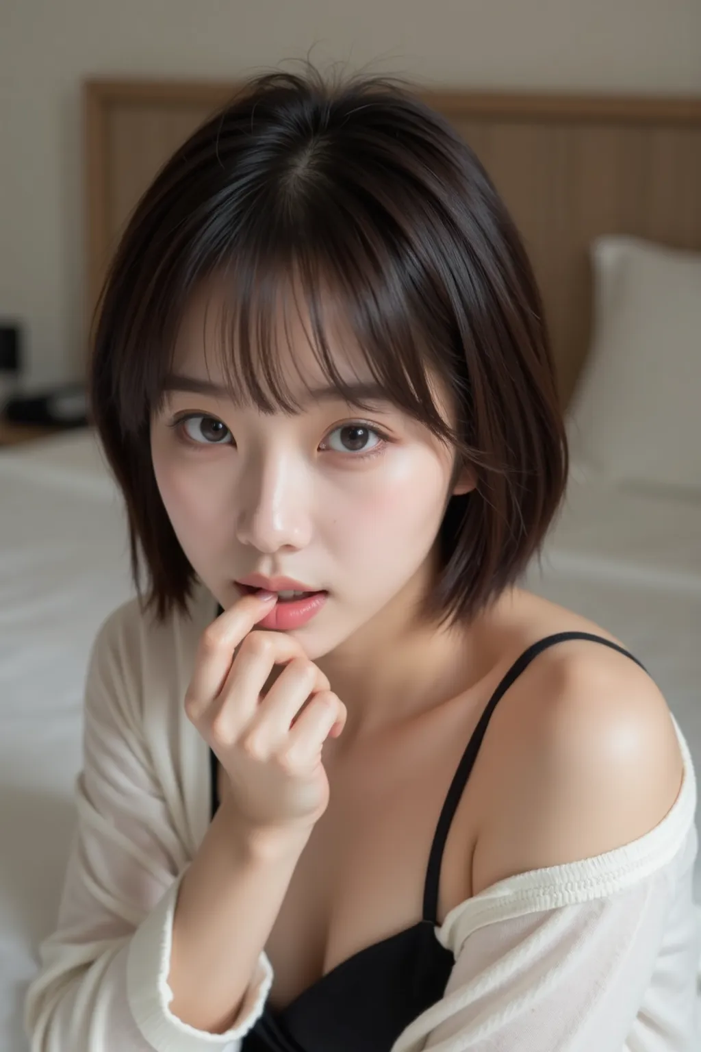 cute 20 year old girl, 完美比例身材, Messy short hair, half open cardigan, Exposed shoulders, Delicate Facial, (Patient expression: 1.5), beautiful eyes, long lashes, lying on the bed, Close your eyes slowly,  clean room, realistic photo of a Taoist, 4K, High qu...